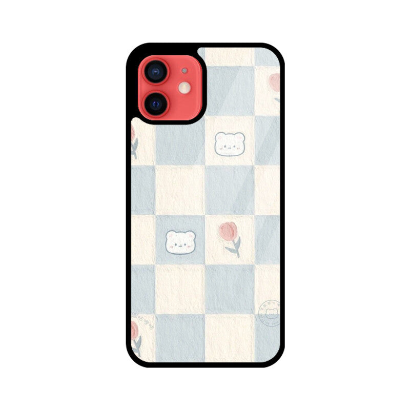 Cute Bear Checkerboard Glass Case