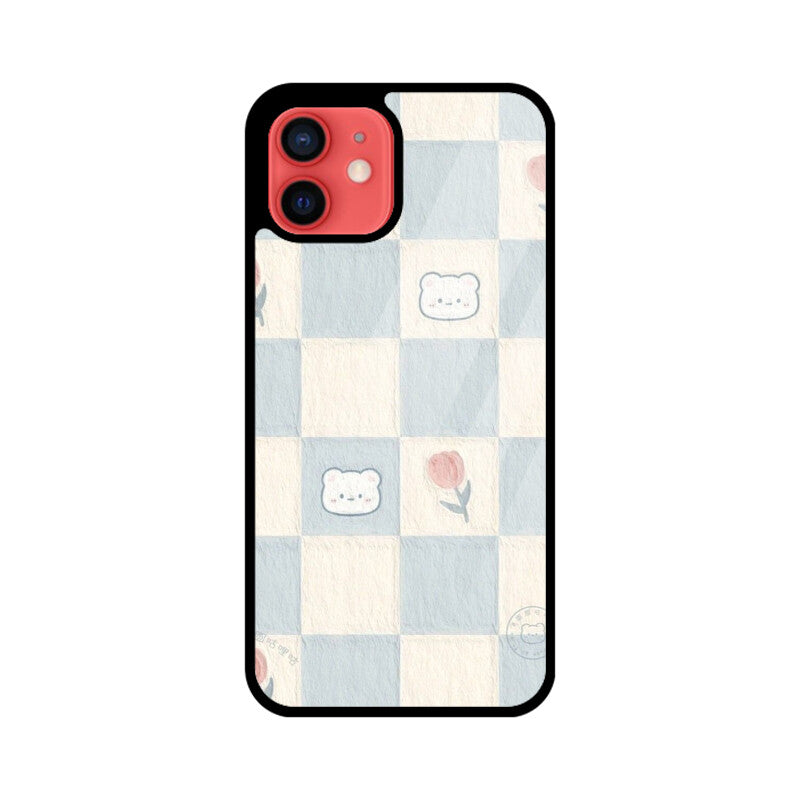 Cute Bear Checkerboard Glass Case