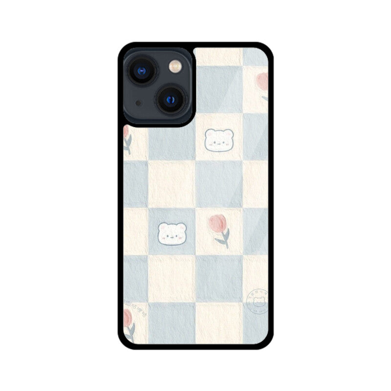 Cute Bear Checkerboard Glass Case