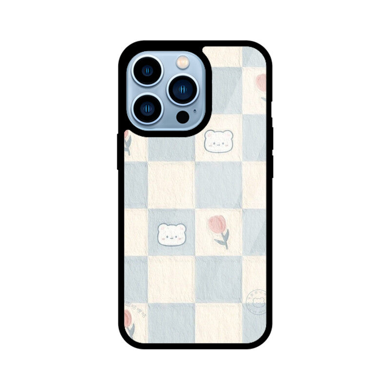 Cute Bear Checkerboard Glass Case