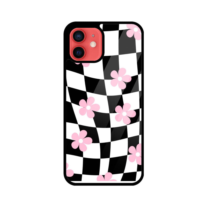 Black White Checkerboard Floral Glass Case