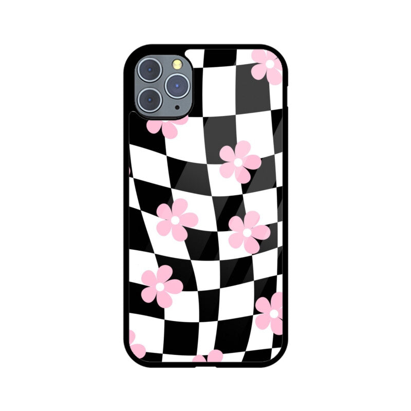Black White Checkerboard Floral Glass Case