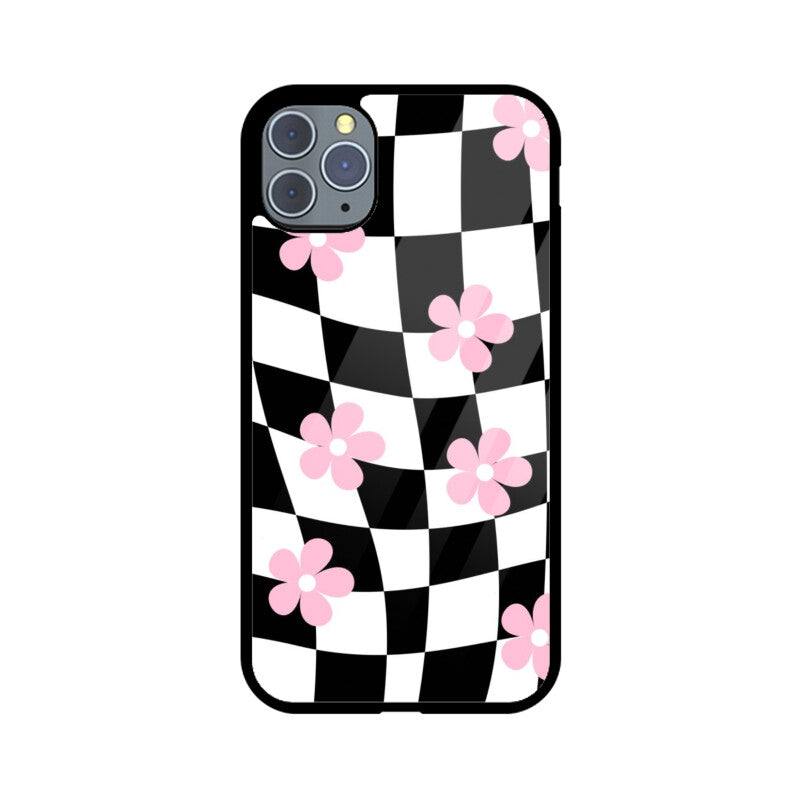 Black White Checkerboard Floral Glass Case