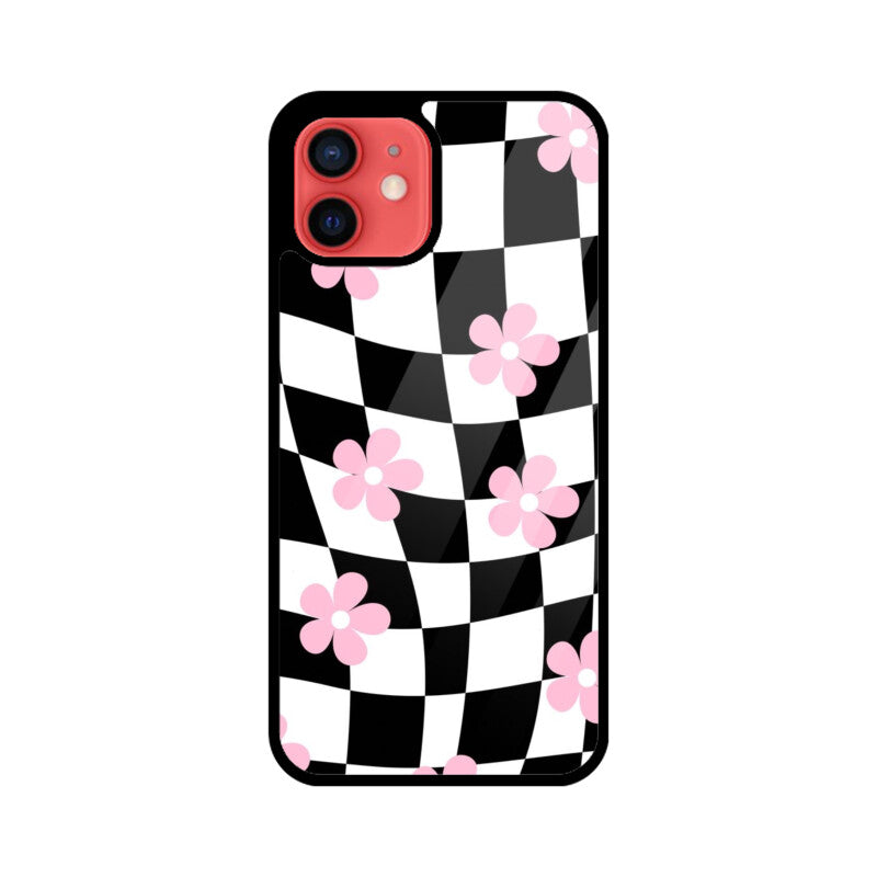 Black White Checkerboard Floral Glass Case