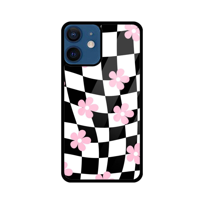 Black White Checkerboard Floral Glass Case