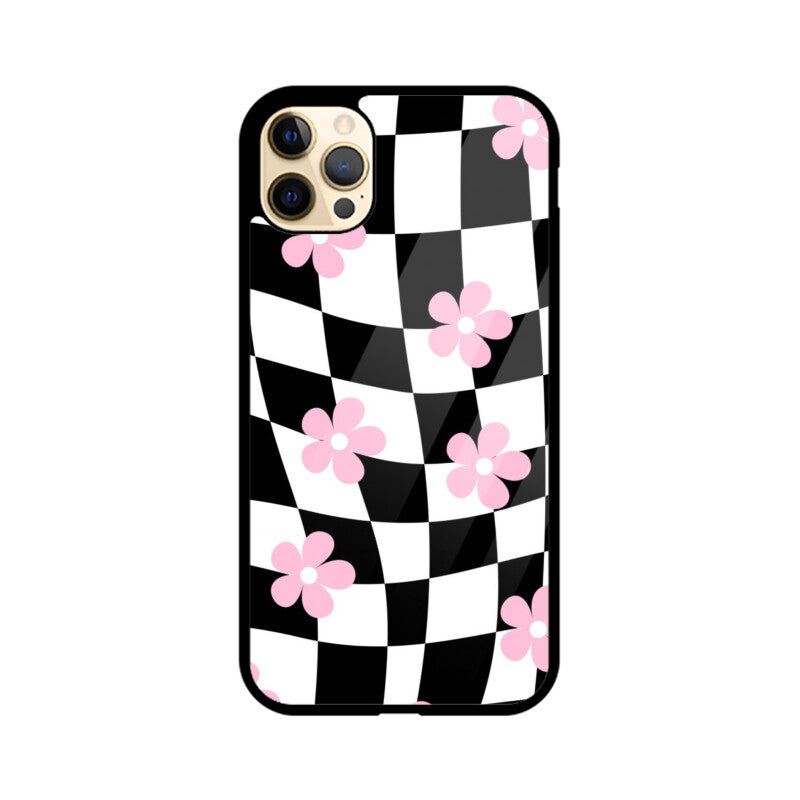 Black White Checkerboard Floral Glass Case