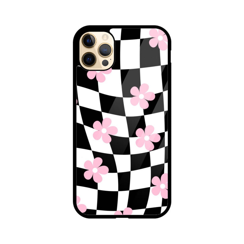 Black White Checkerboard Floral Glass Case