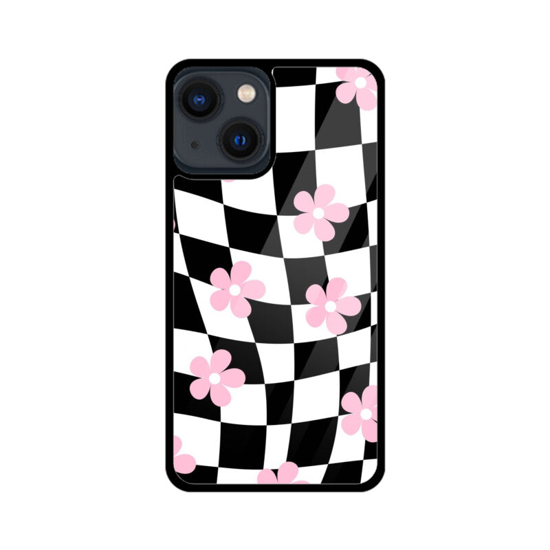 Black White Checkerboard Floral Glass Case