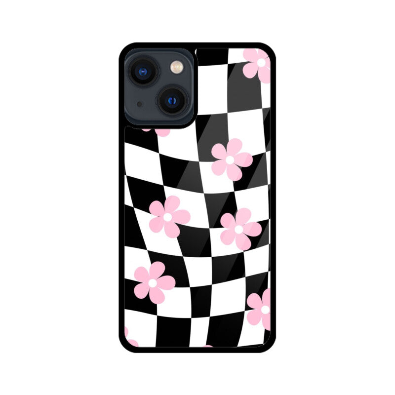 Black White Checkerboard Floral Glass Case