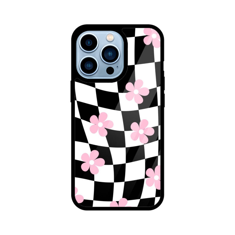 Black White Checkerboard Floral Glass Case