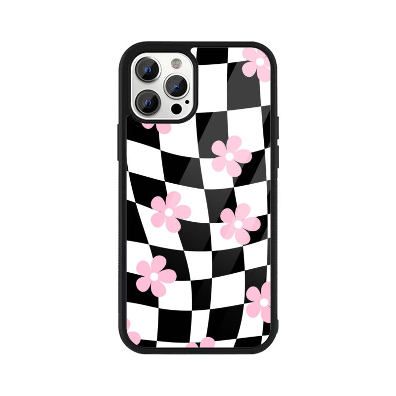 Black White Checkerboard Floral Glass Case