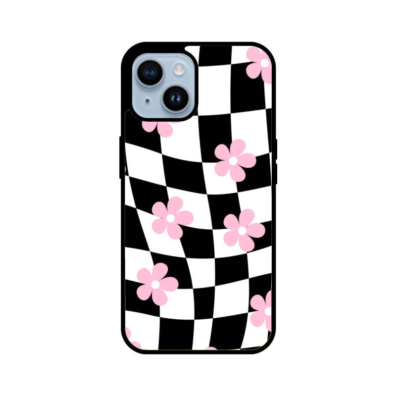 Black White Checkerboard Floral Glass Case