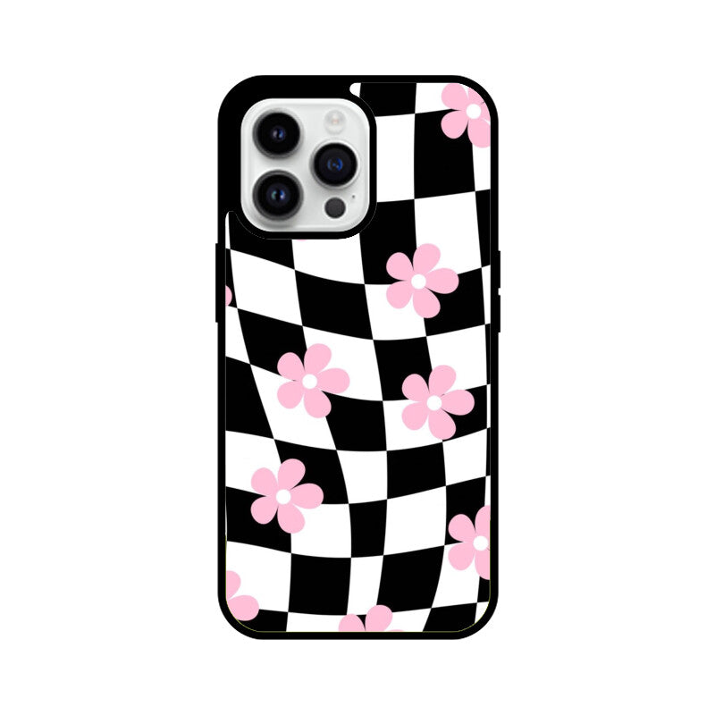 Black White Checkerboard Floral Glass Case