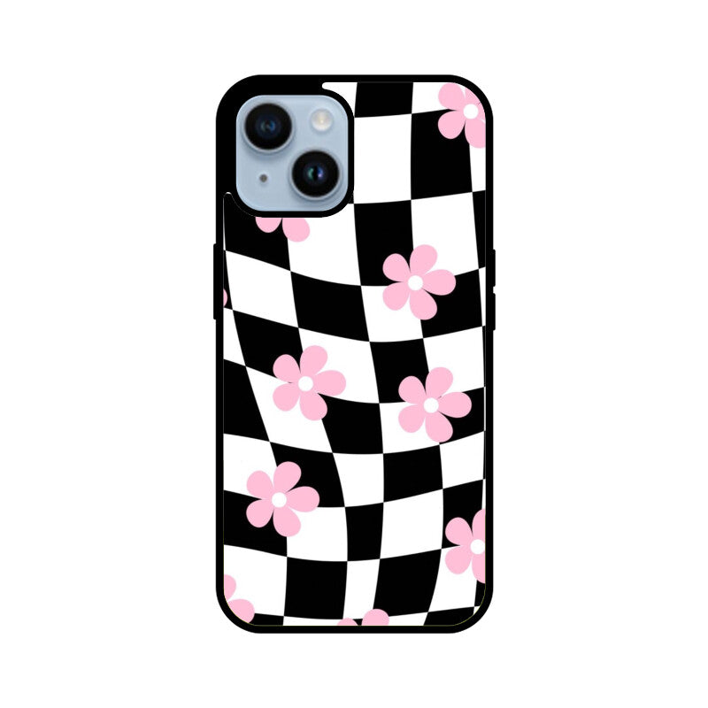 Black White Checkerboard Floral Glass Case