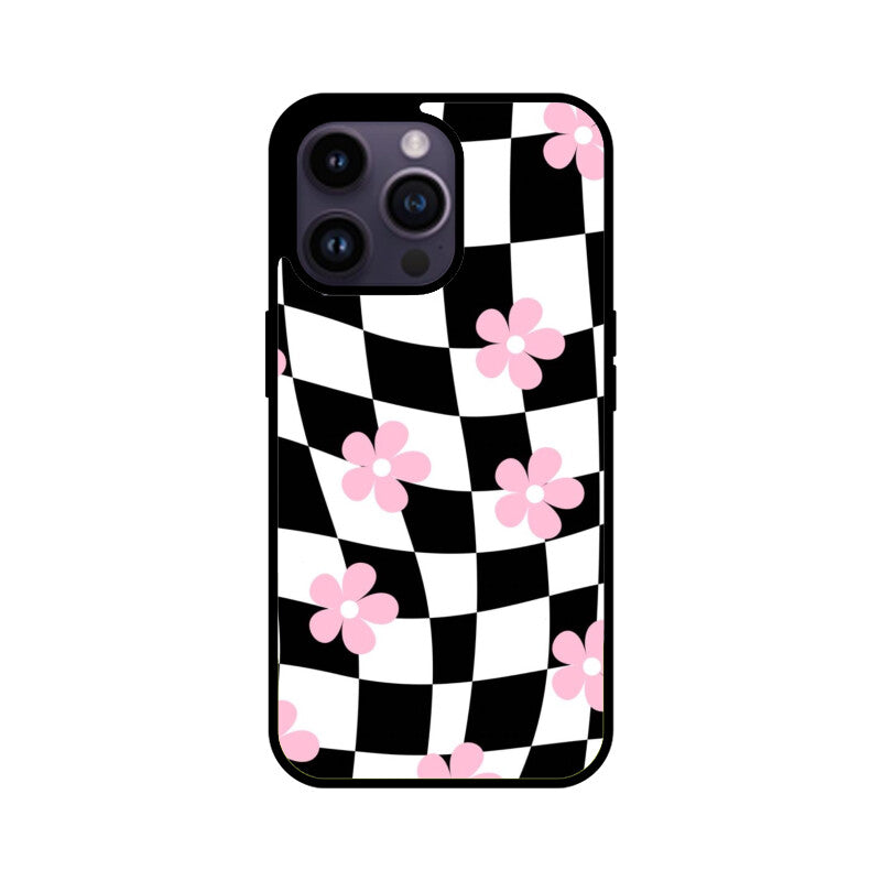 Black White Checkerboard Floral Glass Case