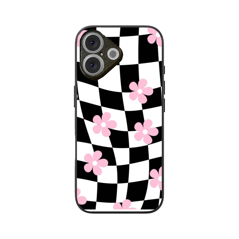 Black White Checkerboard Floral Glass Case