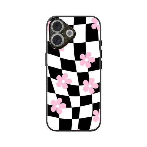 Black White Checkerboard Floral Glass Case