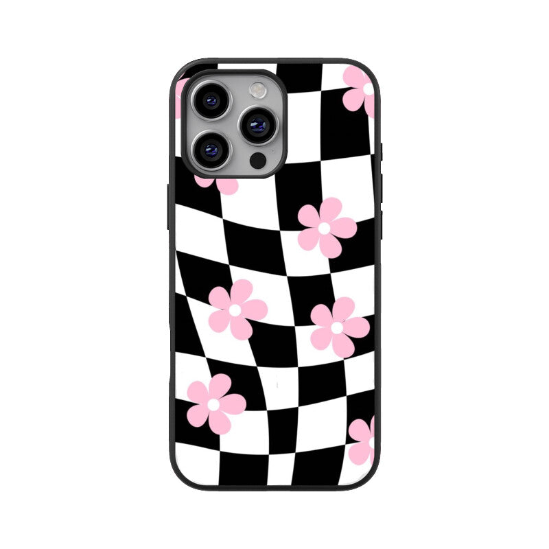 Black White Checkerboard Floral Glass Case