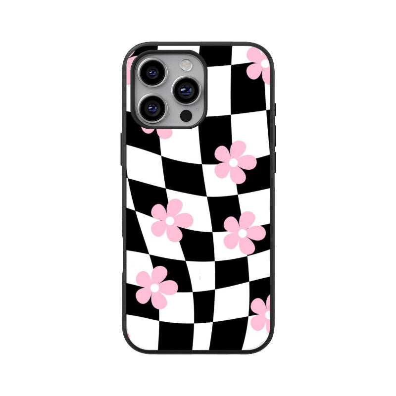 Black White Checkerboard Floral Glass Case