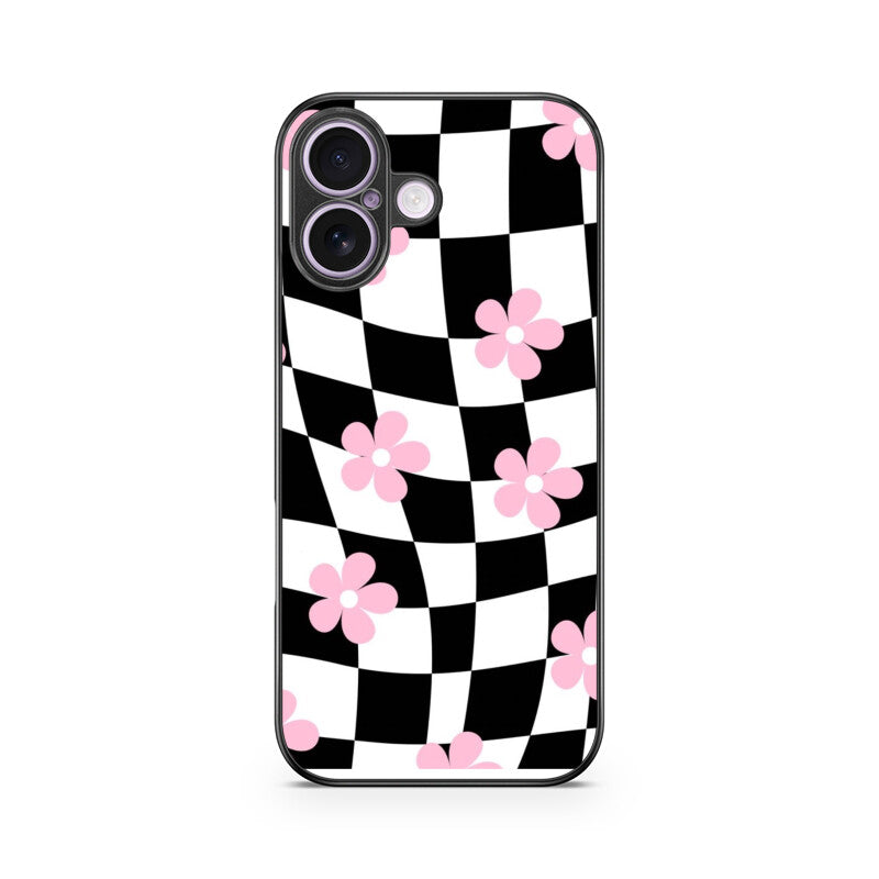 Black White Checkerboard Floral Glass Case