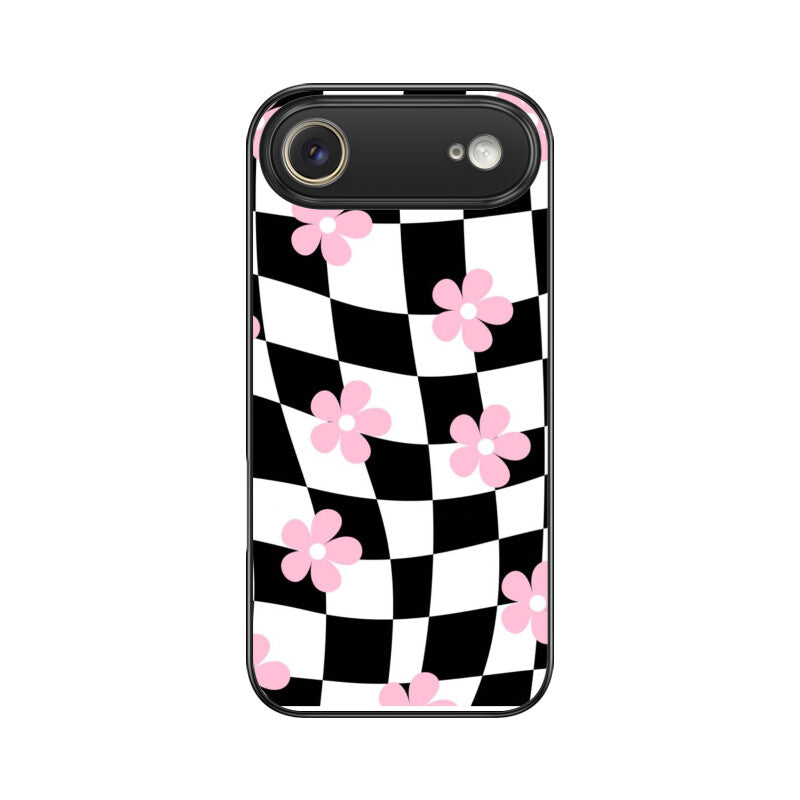 Black White Checkerboard Floral Glass Case