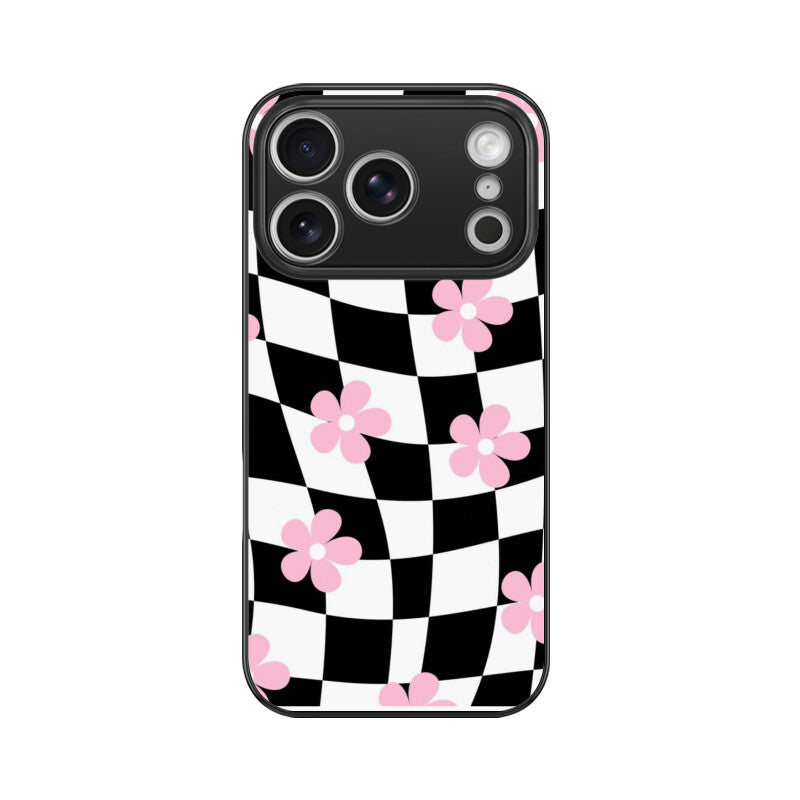 Black White Checkerboard Floral Glass Case