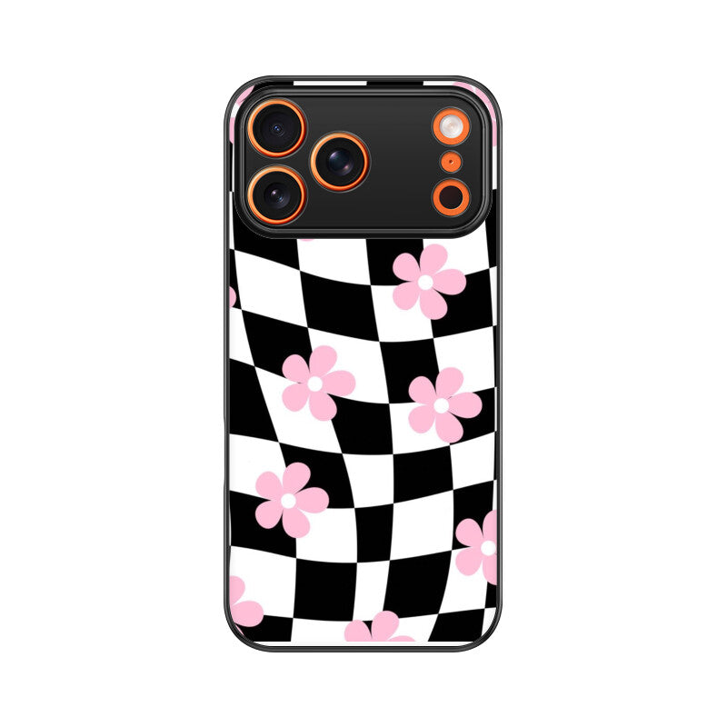 Black White Checkerboard Floral Glass Case